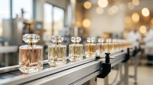 Glass perfume bottles moving on a conveyor belt in a modern cosmetics manufacturing factory