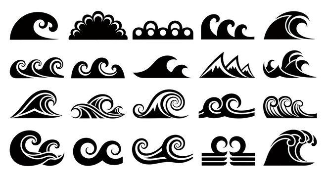 Collection of stylized wave motifs and ocean crest designs for graphic resources.