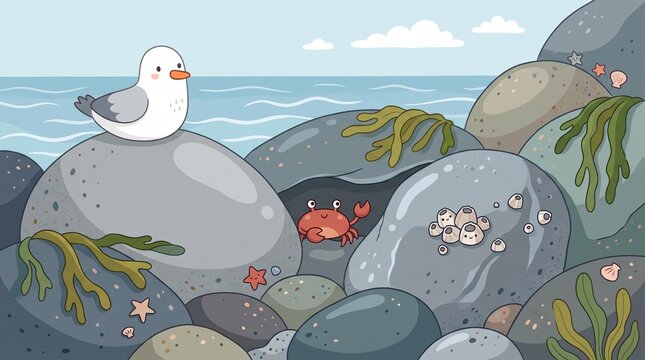 Cute Cartoon Seagull and Crab on a Rocky Shore Illustration
