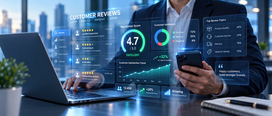 Obraz premium Customer reviews and reputation management dashboard businessman analyzing digital feedback with laptop and smartphone customer satisfaction analytics sentiment data business growth strategy