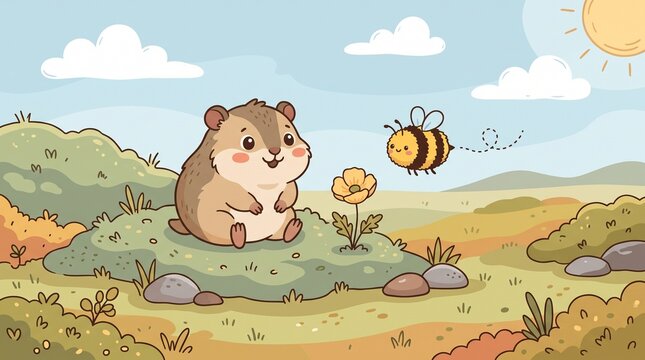 Cute Lemming and Bumblebee Tundra Illustration