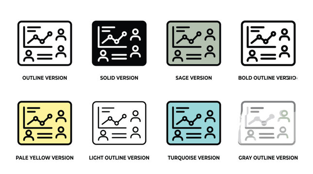 Meeting and collaboration icon set featuring line graphs and multiple users for teamwork and progress tracking in different versions.