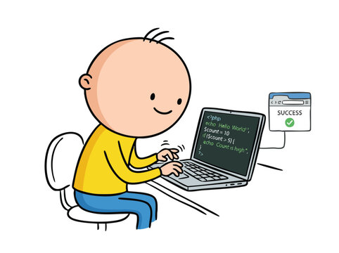 Child coder at laptop with code on screen and success window