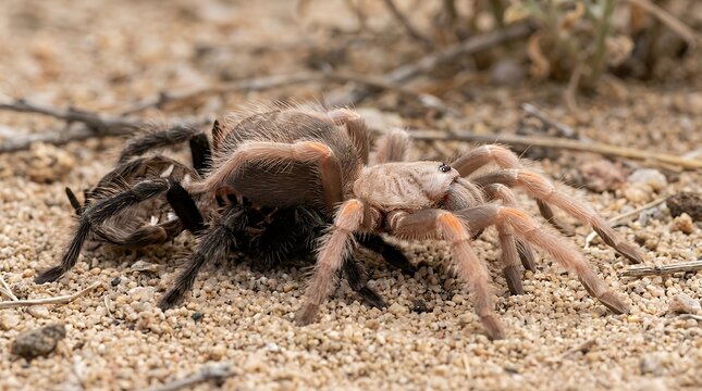Tarantula spider crawling on sandy desert terrain with natural lighting and clear focus