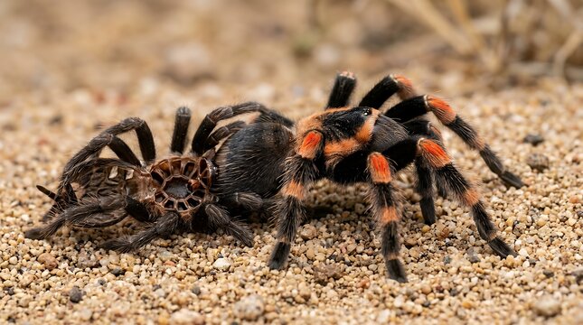 Tarantula spider with orange markings crawling on sandy ground in natural habitat