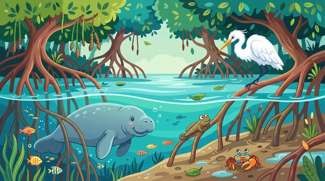 Coastal Mangrove Forest Ecosystem Illustration with Manatee and Wildlife