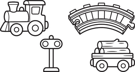 Four toy steam train engine and railroad track coloring page © luu