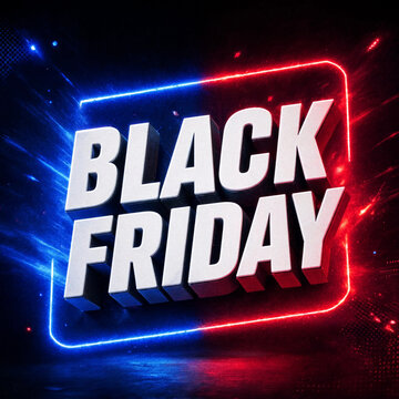 Black Friday bold 3D text banner with red and blue glowing neon light effects