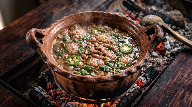 Mexican Pinto Beans Simmering in Traditional Earthenware Olla Pot