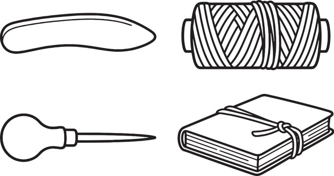 Four traditional bookbinding bone folder and journal tools coloring page