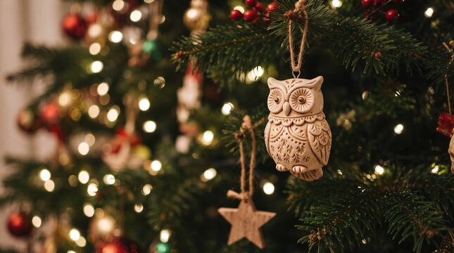 Festive christmas tree adorned with twinkling lights and charming owl ornament creating a cozy holiday atmosphere