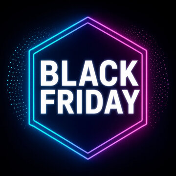 Black Friday promotional sale banner with neon glowing hexagonal frame and bright white text on a dark background