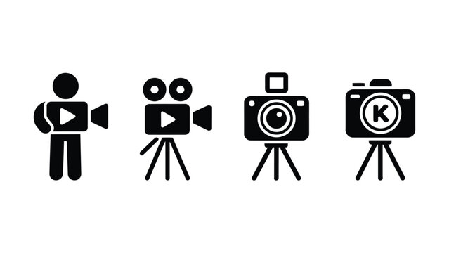 Video camera and photographer vector icon set featuring cameraman, film projector on tripod, vintage camera, and DSLR camera with tripod setup