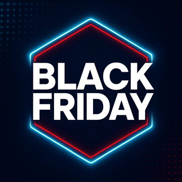 Black friday sale text design with glowing neon hexagonal frame elements