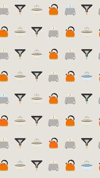 Seamless pattern of kitchen appliances and food items