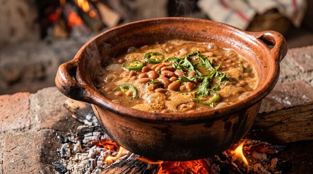 Mexican Pinto Beans Simmering in Traditional Earthenware Olla Pot