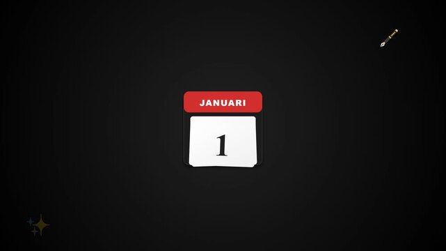 Animated January calendar flipping date 1 to 5 on black background, new year time loop