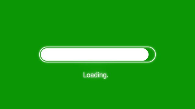 Luminous horizontal white loading bar interface with glowing edges on chroma key green screen, digital data transfer progress indicator for modern web applications and mobile software games.