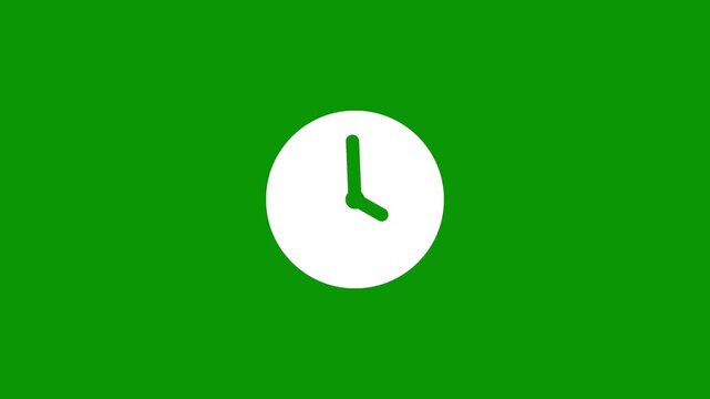 Solid white circular clock icon featuring green hands on chroma key green screen background, modern time management schedule graphic for corporate business videos and deadline notifications.