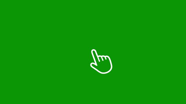 White hand cursor pointer icon clicking with burst lines on green screen chroma key, digital touchscreen tapping gesture graphic for online website navigation and computer software tutorial.