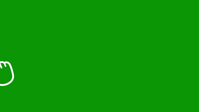 Linear white hand pointer symbol making clicking gesture on solid chroma key green screen, contemporary interactive touchscreen button tap graphics for educational videos and mobile app ads.