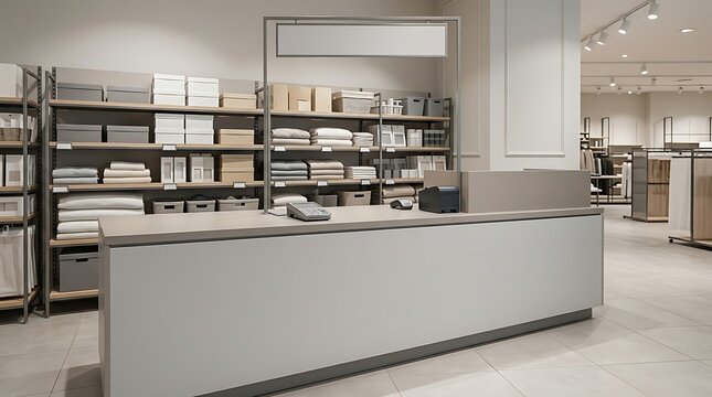 Modern retail store checkout counter with neatly organized merchandise and minimalist interior design, showcasing a professional and inviting shopping environment