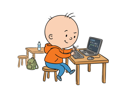 Child coder programming at desk with laptop and code on screen