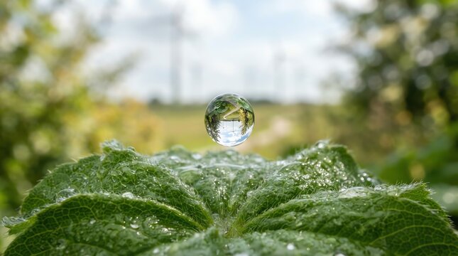 Water drop on green leaf with landscape reflection