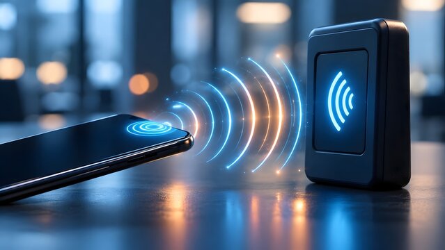 Smartphone and contactless reader terminal exchanging glowing wireless signals for secure digital payment authentication and modern nfc communication