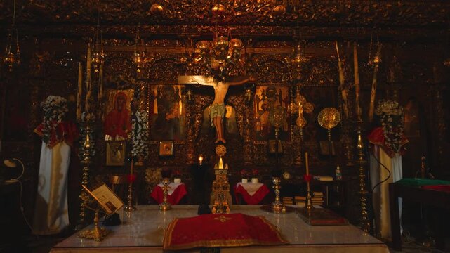 Interior of a richly decorated Orthodox church altar in the village of Kissos, located in the Pelion region of Thessaly, Greece