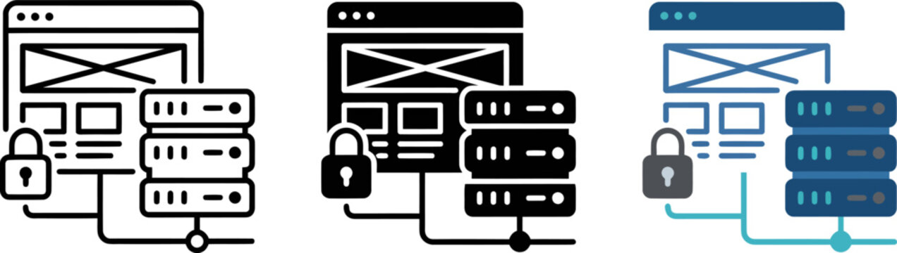 Set of three web development and secure server hosting wireframe interface vector icons