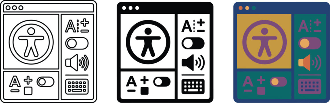 Set of website interface mockups with accessibility settings icons including screen reader and text resize