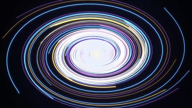 Abstract digital art featuring a glowing spiral galaxy pattern with swirling neon lines in blue, yellow, and purple against a dark black background