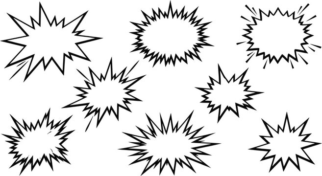 Set of hand drawn comic book speech bubbles and explosion shapes with jagged edges isolated on white background
