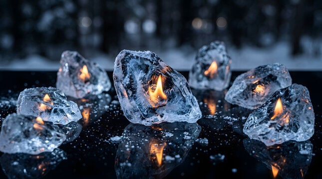 Burning ice cubes, fire and ice concept