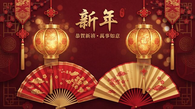 Elegant chinese new year decorations featuring golden lanterns fans and traditional calligraphy on a rich red background
