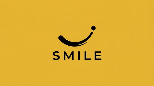 Minimalist smile logo design with black curved line and dot on solid yellow background with forming smile shape shape above word