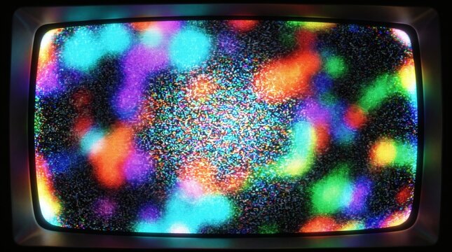 Abstract colorful static noise on an old vintage television screen display.