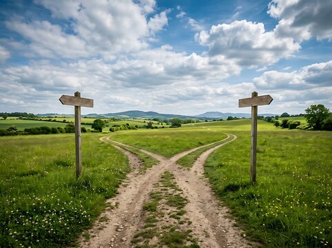 Scenic countryside path splitting at wooden signposts
