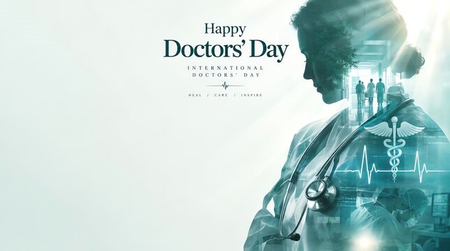 Double exposure medical banner with female doctor silhouette stethoscope caduceus and heartbeat line for healthcare appreciation concept
