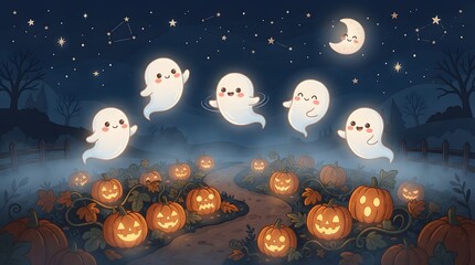 Obraz premium Festive halloween scene with glowing jackolanterns and cheerful cartoon ghosts floating in the night