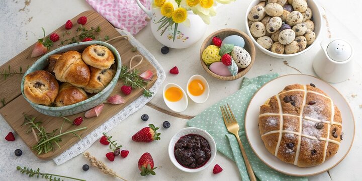 Colorful flat lay of Easter brunch items featuring pastries, eggs, and fruits on a wide central blanket