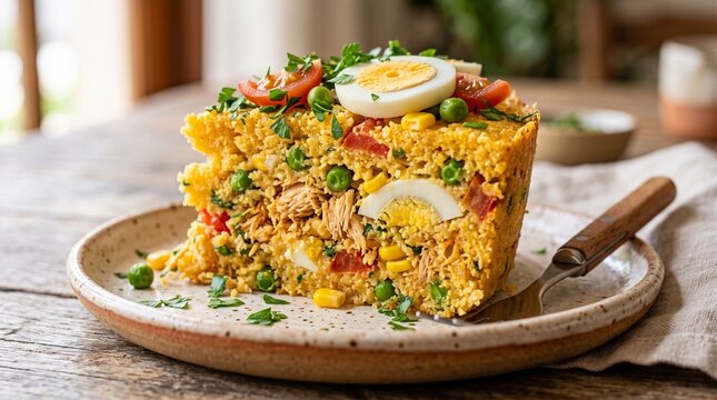 Delicious Cuscuz Paulista a Brazilian Savory Cornmeal Cake with Chicken Eggs and Vegetables on a Plate