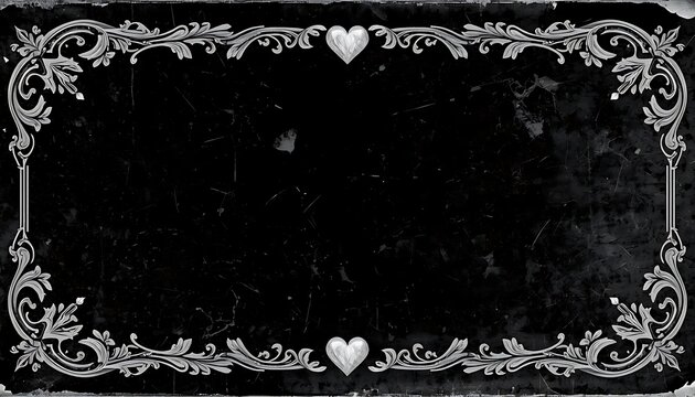 Dark Charcoal Background with Intricate Silver Heart Filigree Corner Border Frame Design 