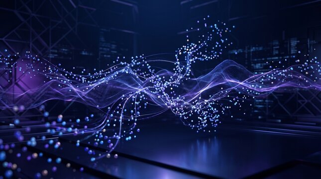 Abstract digital wave of glowing particles and light lines in futuristic cyberspace background