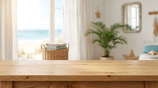 Empty wooden table top in sunny coastal beach house interior with blurred ocean window view for product mockup display