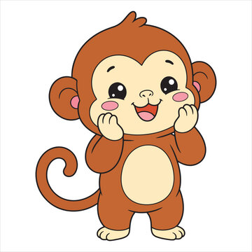 Cute happy little monkey standing vector illustration, cartoon animal character design   