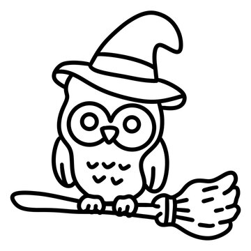Halloween owl line art wearing a witch hat and sitting on a broomstick, designed with bold clean outlines and simple shapes.