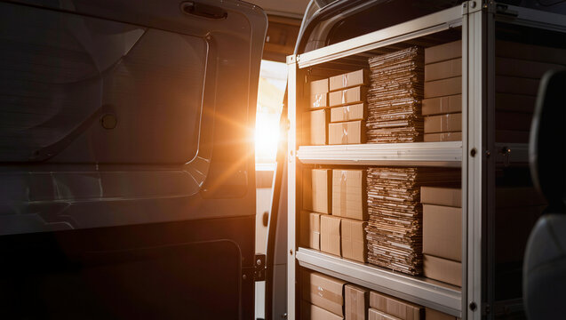 Shelving stacked with cartons and flat packed material fills a van interior seen through the open side door, sun flaring at the gap.