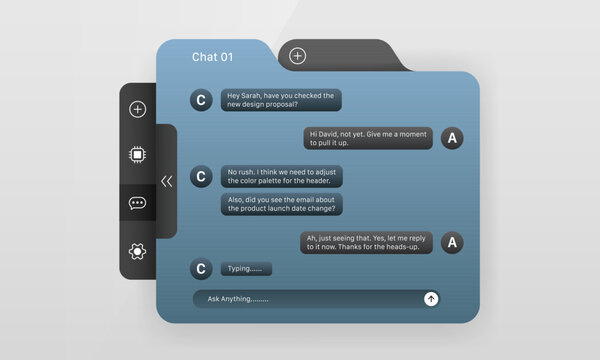 Folder tab chat interface UI mockup showing AI messaging conversation and sidebar navigation